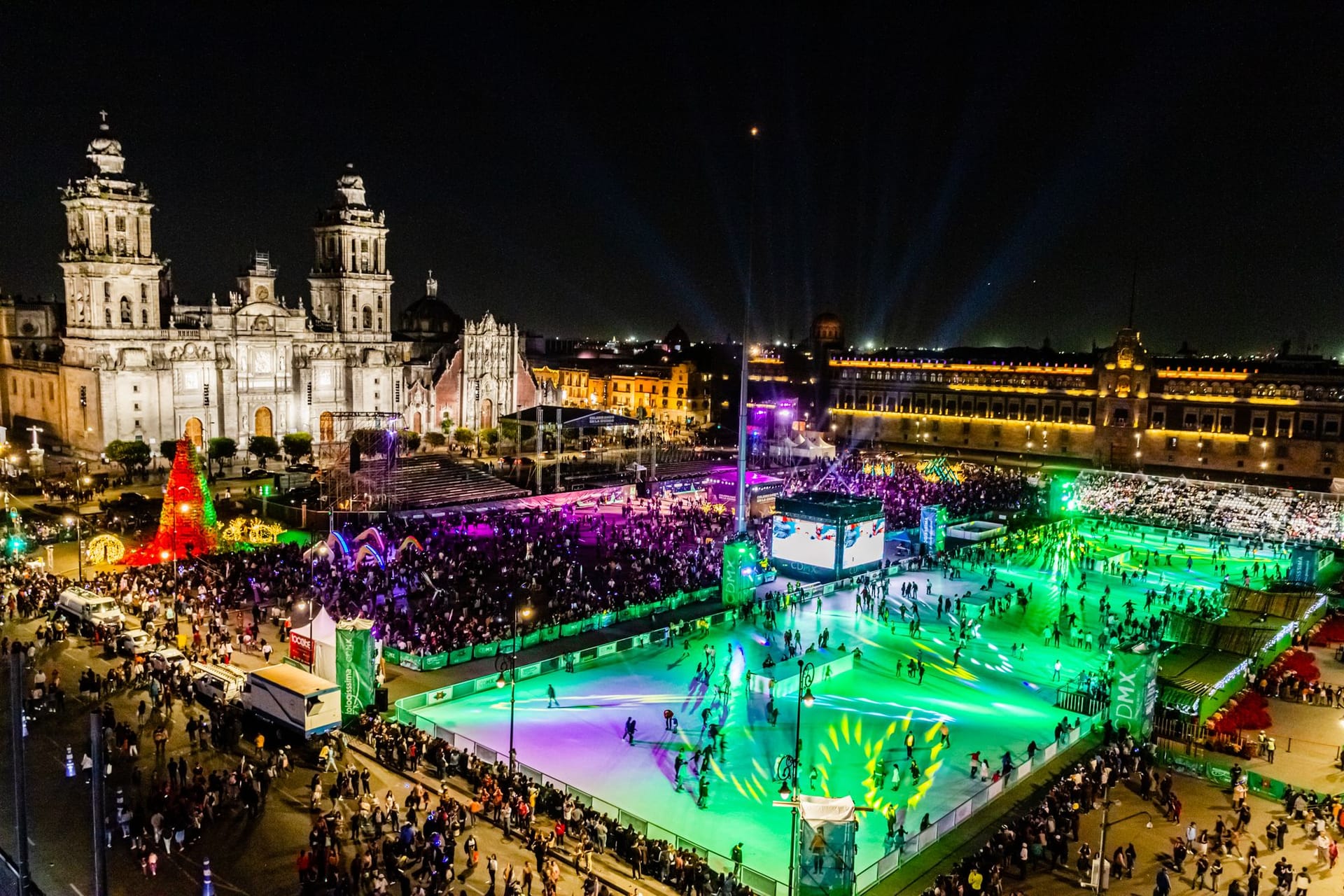 Large-format synthetic ice rink in Mexico City at night - aerial view