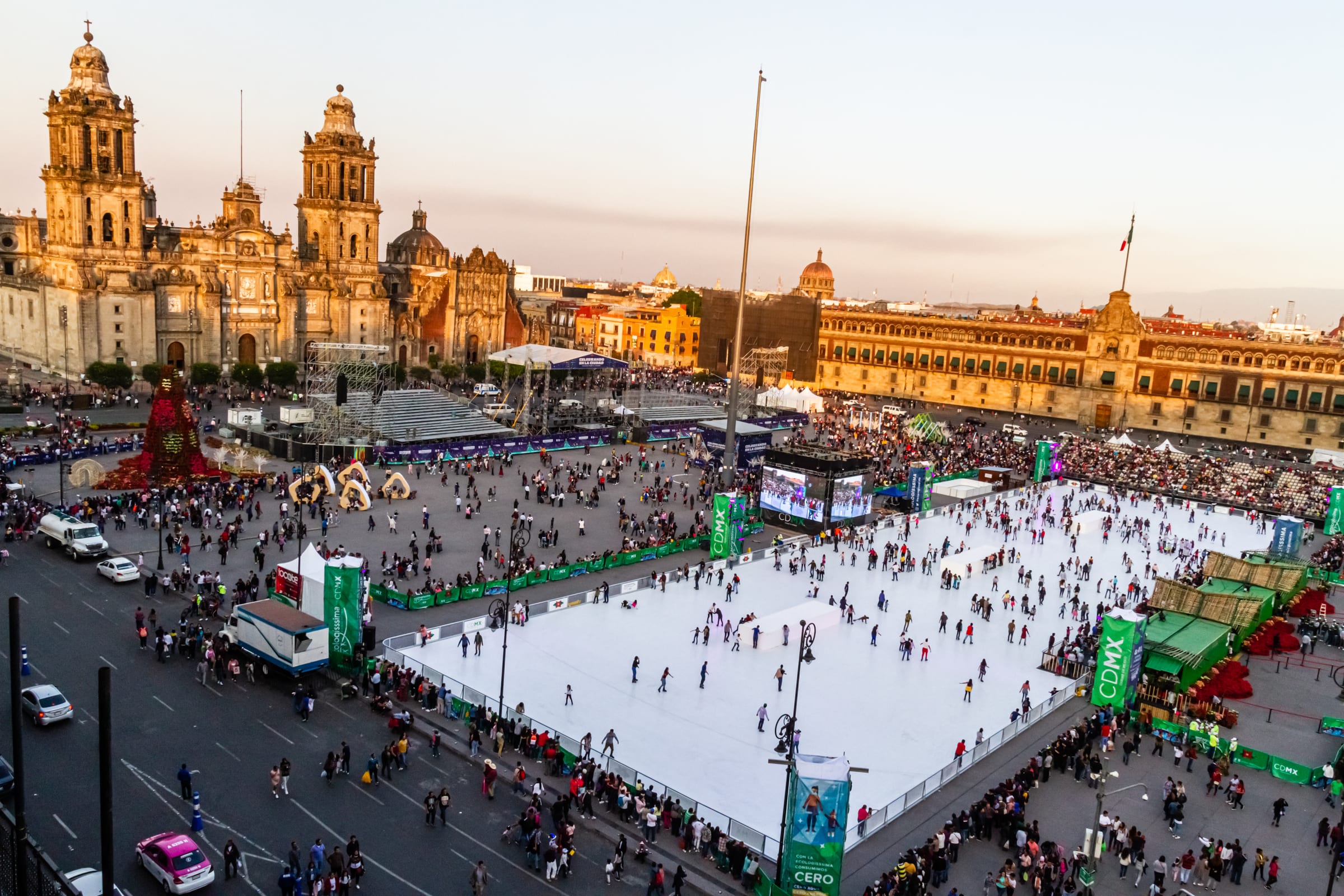 Aerial view of the large-format Glice rink in Mexico City's Zócalo